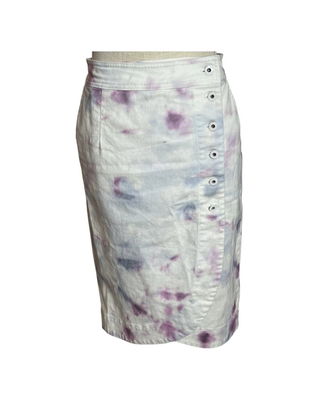 Anthropologie Pastel Purple & Blue Tie-Dye Wrap Skirt W/Button Details Size 2